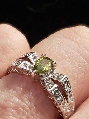 NEW Peridot (Olive Green) Sterling Stamped Art Deco Ring, Size 7, Teardrop Stone